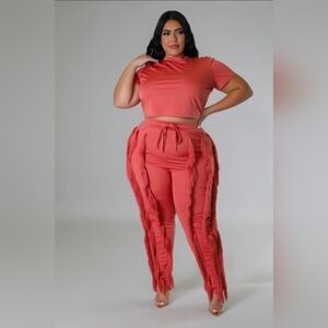 NEW!!! Plus Size Fringe Drawstring Joggers & Crop Tee Set - Coral, SZ 2X, NWT